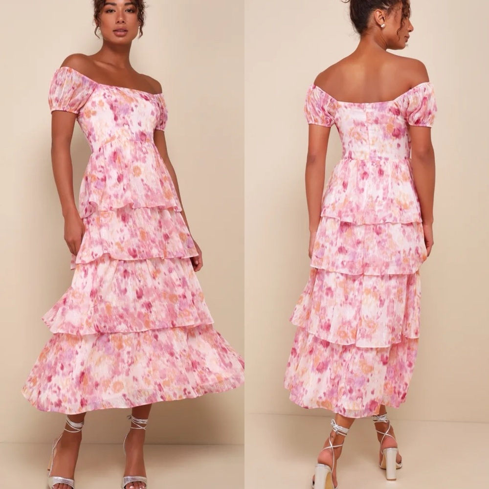 Lulus | Phenomenal Vision Pink Multi Lurex Puff Sleeve Tiered Midi Dress